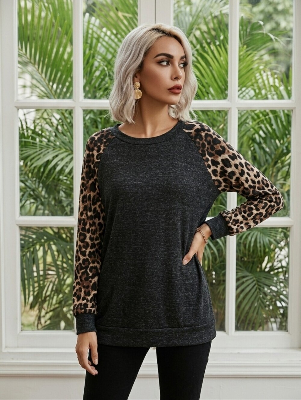 Grateful Hearts Women's Large Black With Animal Print Long Sleeve Top L